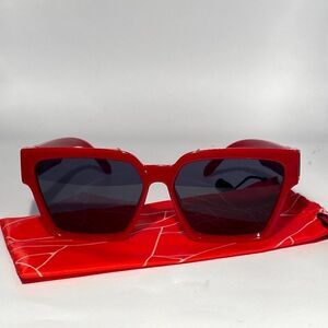 Bold Oversized Sunglasses Red Frame Dark Grey Lenses Gold Detail New
